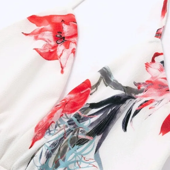 New Tropical Floral Wrap Tie Maxi Dress Split Leg Deep Plunge White Red
