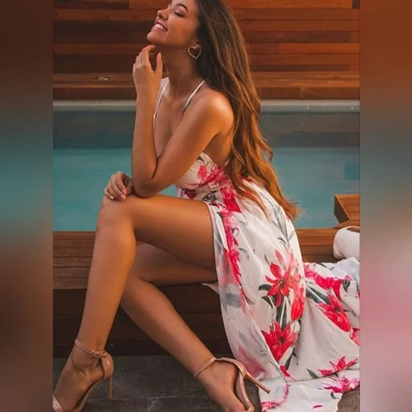 New Tropical Floral Wrap Tie Maxi Dress Split Leg Deep Plunge White Red