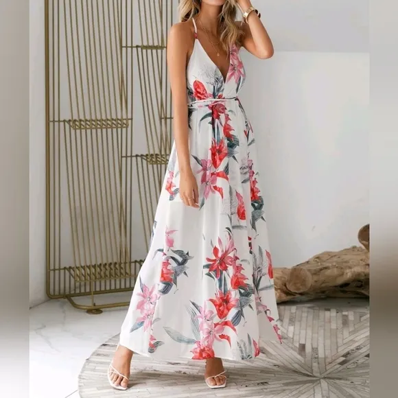 New Tropical Floral Wrap Tie Maxi Dress Split Leg Deep Plunge White Red