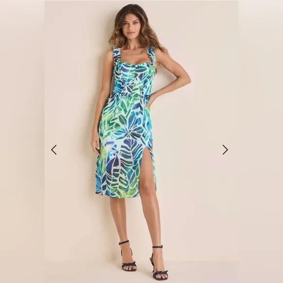 New Venus Side Slit Ombré Leaves Midi Dress Size Small