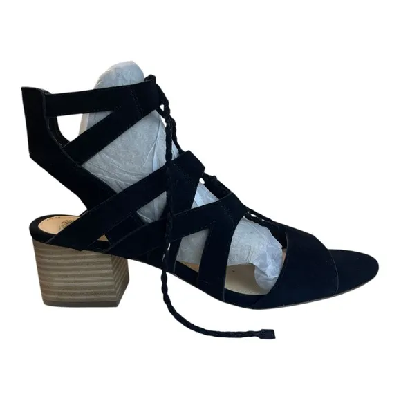 NEW Vince Camuto Fauna Black Suede Lace-Up Sandals Women 8M Block Heel Gladiator