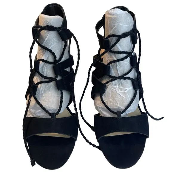 NEW Vince Camuto Fauna Black Suede Lace-Up Sandals Women 8M Block Heel Gladiator