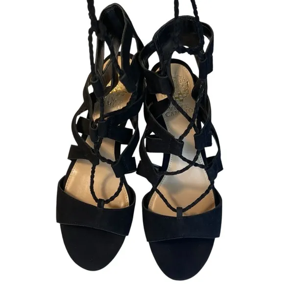 NEW Vince Camuto Fauna Black Suede Lace-Up Sandals Women 8M Block Heel Gladiator