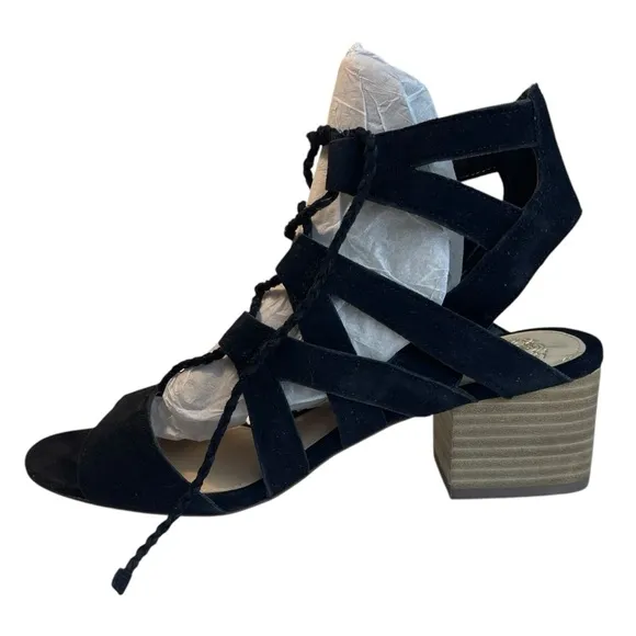 NEW Vince Camuto Fauna Black Suede Lace-Up Sandals Women 8M Block Heel Gladiator