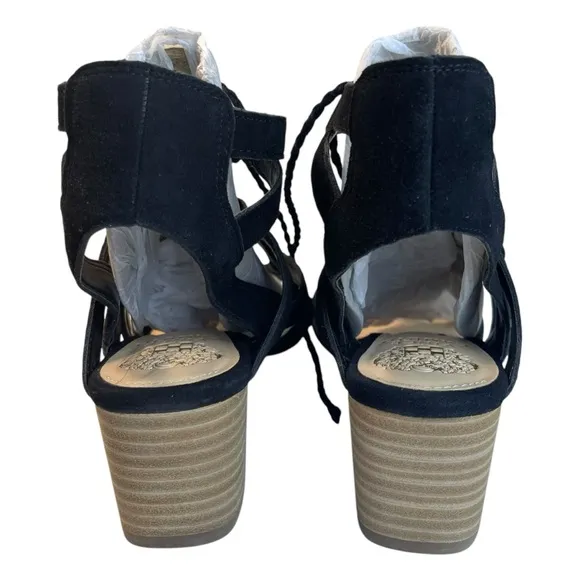 NEW Vince Camuto Fauna Black Suede Lace-Up Sandals Women 8M Block Heel Gladiator