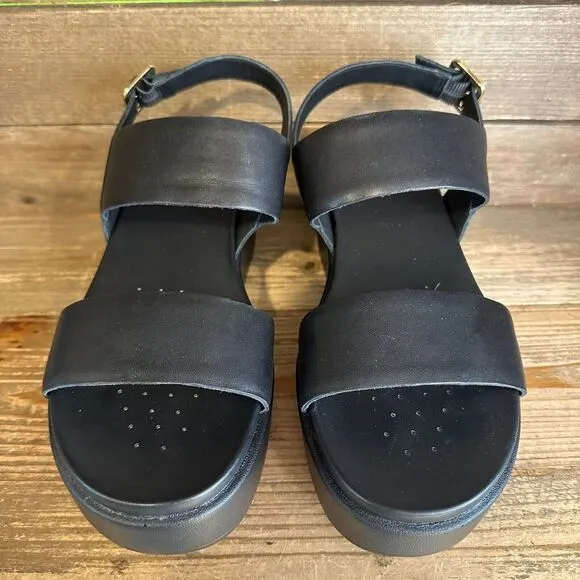 New Womens Geox Xand 2.2S Black‎ Leather Comfort Platform Wedge Sandals Size 8 M