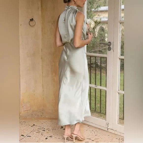 NEW Women's Summer Satin Mock Neck Maxi Dress Sleeveless Elastic Wai