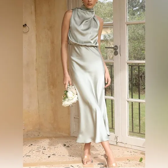 NEW Women's Summer Satin Mock Neck Maxi Dress Sleeveless Elastic Wai