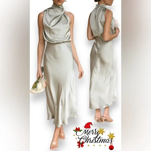 NEW Women's Summer Satin Mock Neck Maxi Dress Sleeveless Elastic Wai
