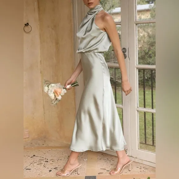 NEW Women's Summer Satin Mock Neck Maxi Dress Sleeveless Elastic Wai