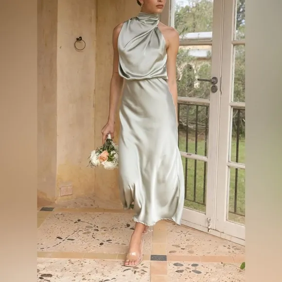 NEW Women's Summer Satin Mock Neck Maxi Dress Sleeveless Elastic Wai