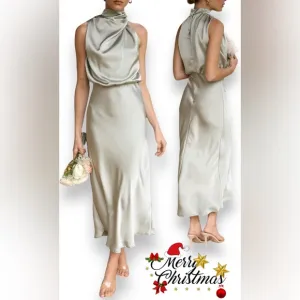 NEW Women's Summer Satin Mock Neck Maxi Dress Sleeveless Elastic Wai