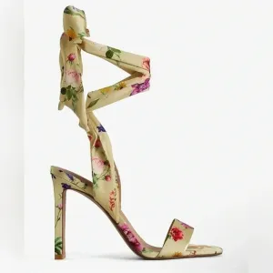 NEW w/tags (NWT) Express Yellow 4” Floral Printed Lace Up Heeled Sandals SZ 10