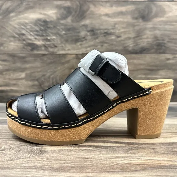 NIB Aetrex Cally 39 8.5 Black Leather Slip On Fisherman Heels Clog Sandals