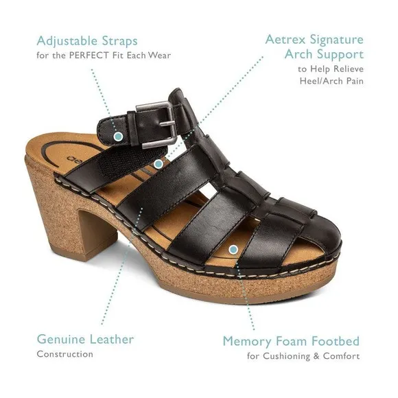 NIB Aetrex Cally 39 8.5 Black Leather Slip On Fisherman Heels Clog Sandals