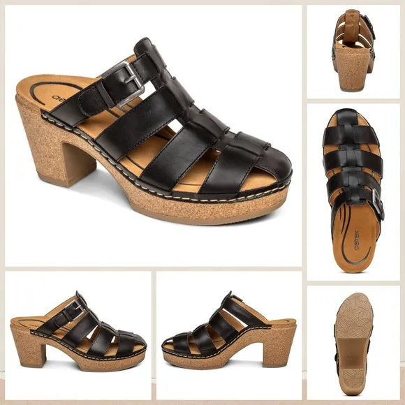 NIB Aetrex Cally 39 8.5 Black Leather Slip On Fisherman Heels Clog Sandals
