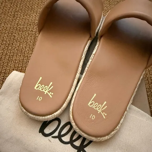 NIB Beek Beach Beige Leather Raffia Jute Puffbird Slide Sandals Anthropologie 10