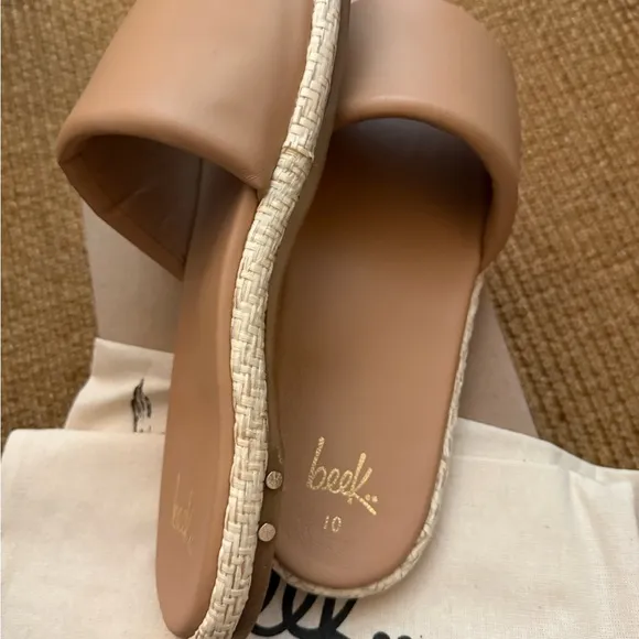 NIB Beek Beach Beige Leather Raffia Jute Puffbird Slide Sandals Anthropologie 10