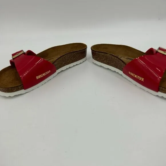 NIB BIRKENSTOCK Girl's Madrid Patent Leather Red White Slip On Sandals 30 / 12