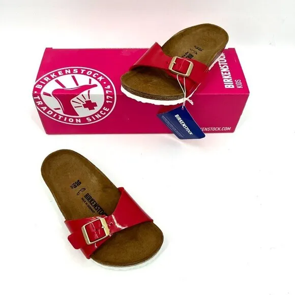 NIB BIRKENSTOCK Girl's Madrid Patent Leather Red White Slip On Sandals 30 / 12
