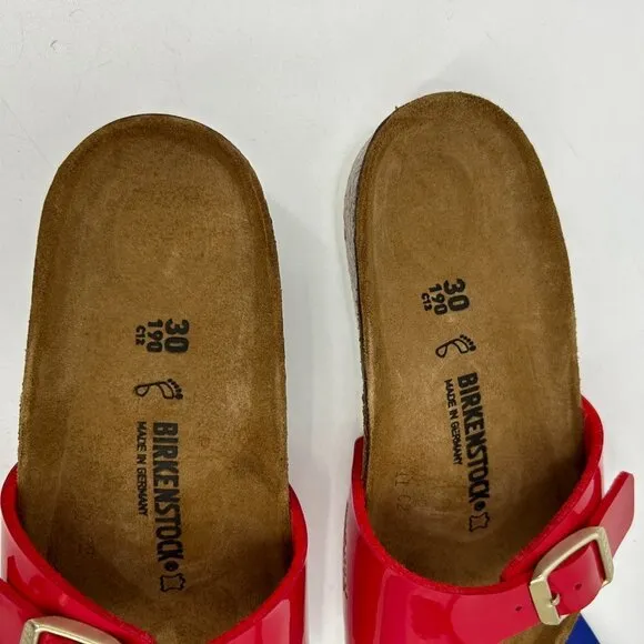 NIB BIRKENSTOCK Girl's Madrid Patent Leather Red White Slip On Sandals 30 / 12