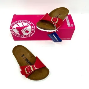 NIB BIRKENSTOCK Girl's Madrid Patent Leather Red White Slip On Sandals 30 / 12