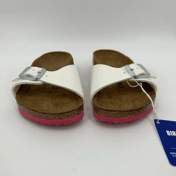 NIB BIRKENSTOCK Girl's Madrid Patent Leather White Pink Slip On Sandals Size 13