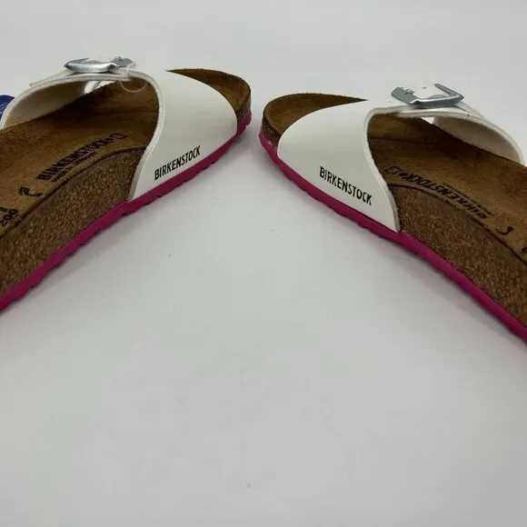 NIB BIRKENSTOCK Girl's Madrid Patent Leather White Pink Slip On Sandals Size 13