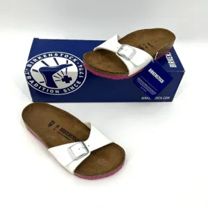 NIB BIRKENSTOCK Girl's Madrid Patent Leather White Pink Slip On Sandals Size 13