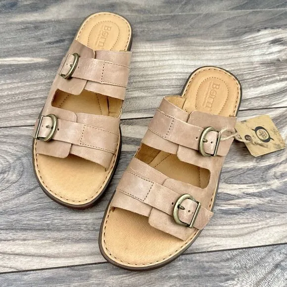 NIB Born Henna 8M Comfort Leather Slide Sandals Natural