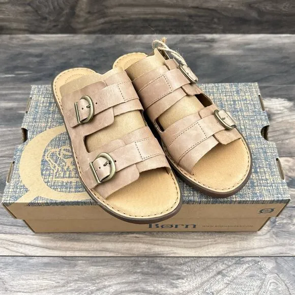 NIB Born Henna 8M Comfort Leather Slide Sandals Natural
