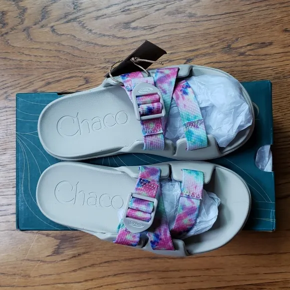 NIB Chaco Chillos Slide Sandal In White Rainbow Tie Dye Kids Size 1