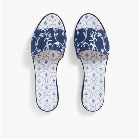 NIB Hill House City Slide 41.5 Embroidered Navy Blue White Linen Sandals Leather