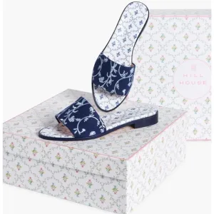 NIB Hill House City Slide 41.5 Embroidered Navy Blue White Linen Sandals Leather