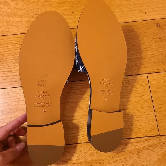 NIB Hill House City Slide 41.5 Embroidered Navy Blue White Linen Sandals Leather