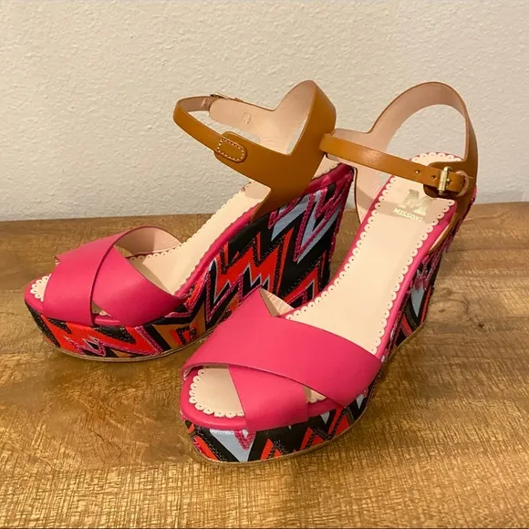 NIB MISSONI Leather Zig Zag Wedge Sandals Sz 39