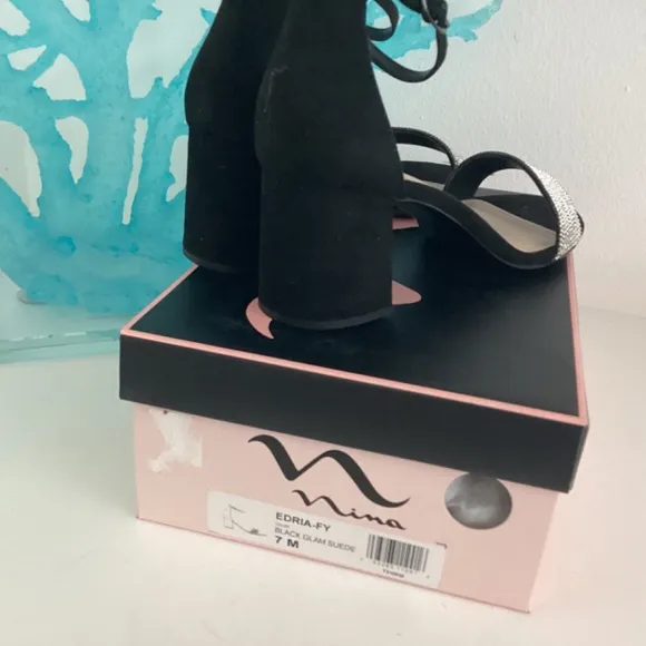 NIB NINA BLACK SUEDE UPPER CRYSTAL EMBELLISHED DRESSY SANDALS 7M