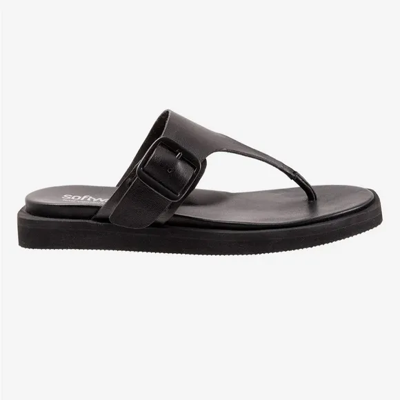 NIB SoftWalk Black Leather Kisi Sandals Slip-On Thongs sz 9.5 Wide