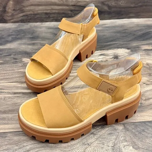 NIB Timberland Everleigh 9M Lug Sole Ankle Strap Sandal Wheat Nubuck
