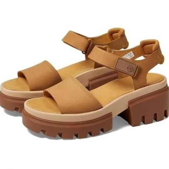 NIB Timberland Everleigh 9M Lug Sole Ankle Strap Sandal Wheat Nubuck