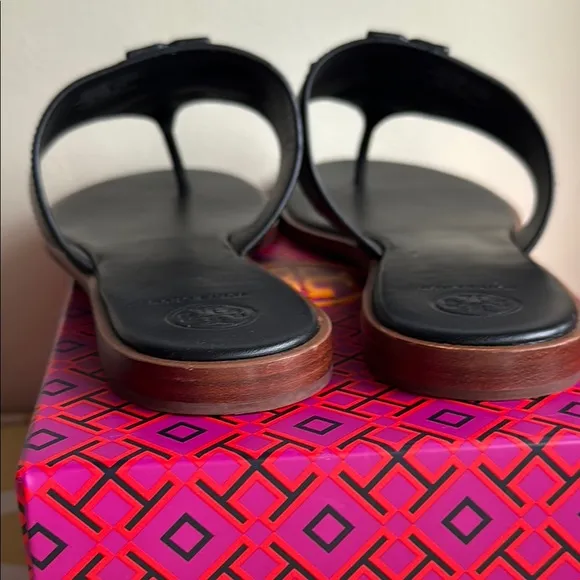 NIB Tory Burch Weston Full Logo Thong Sandals, Black Leather size 11