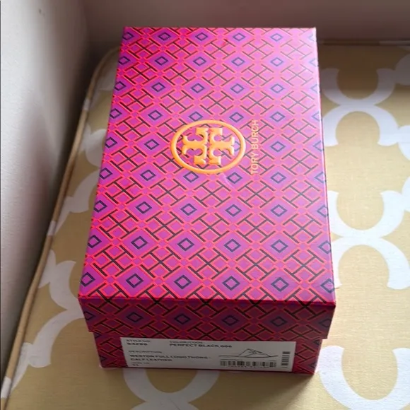 NIB Tory Burch Weston Full Logo Thong Sandals, Black Leather size 11