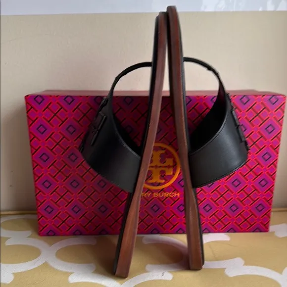 NIB Tory Burch Weston Full Logo Thong Sandals, Black Leather size 11