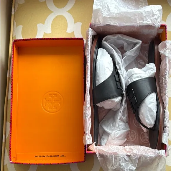 NIB Tory Burch Weston Full Logo Thong Sandals, Black Leather size 11