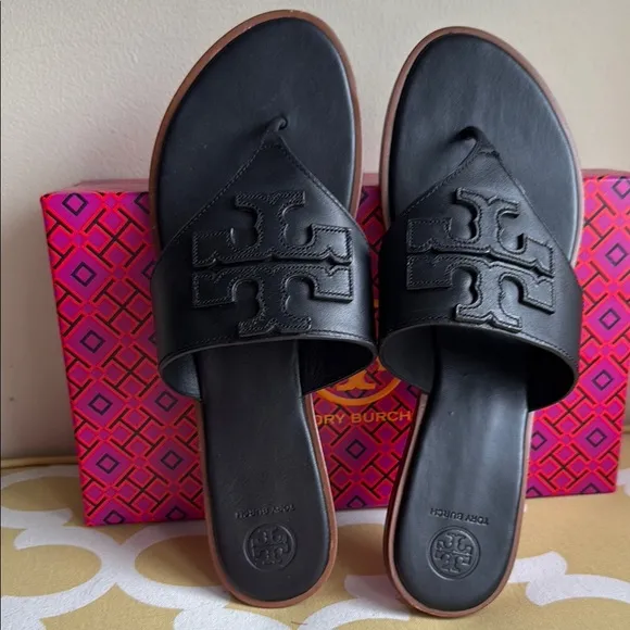 NIB Tory Burch Weston Full Logo Thong Sandals, Black Leather size 11