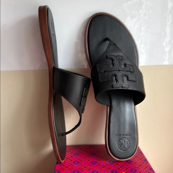 NIB Tory Burch Weston Full Logo Thong Sandals, Black Leather size 11