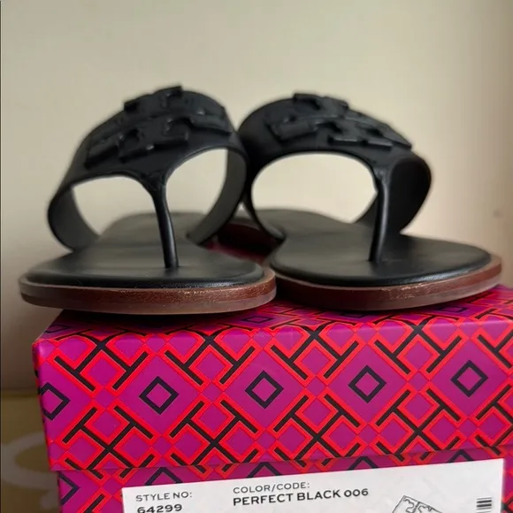 NIB Tory Burch Weston Full Logo Thong Sandals, Black Leather size 11