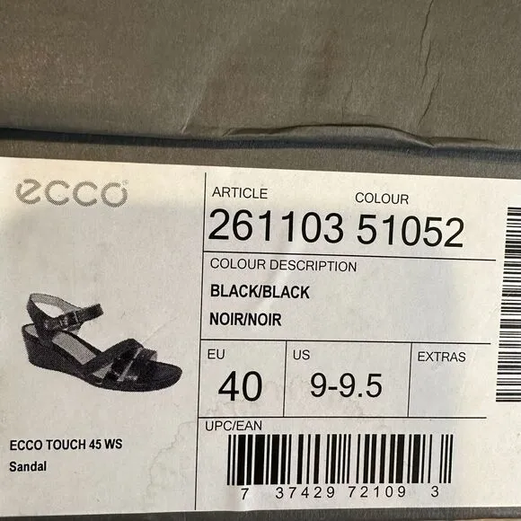NIB Womens Ecco Touch 45 WS Black Leather Comfort MIni Wedge‎ Sandals Size EU 40