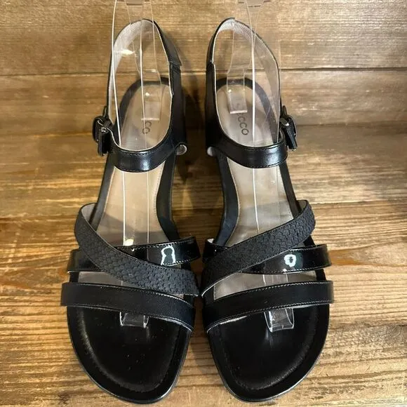 NIB Womens Ecco Touch 45 WS Black Leather Comfort MIni Wedge‎ Sandals Size EU 40