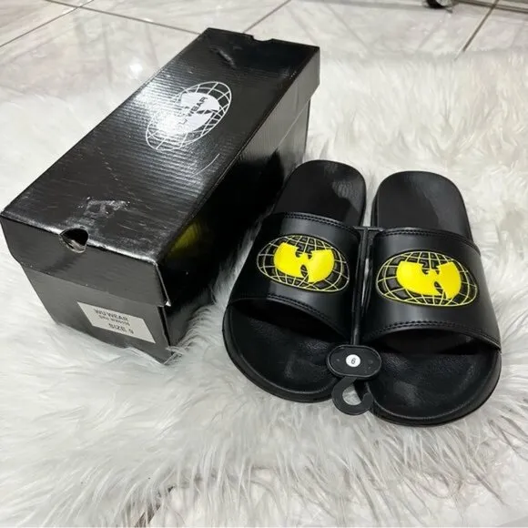 NIB Wu Wear x Wu Tang Mens 9 Black Yellow Slides 90s Hip Hop Streetwear Rap 4